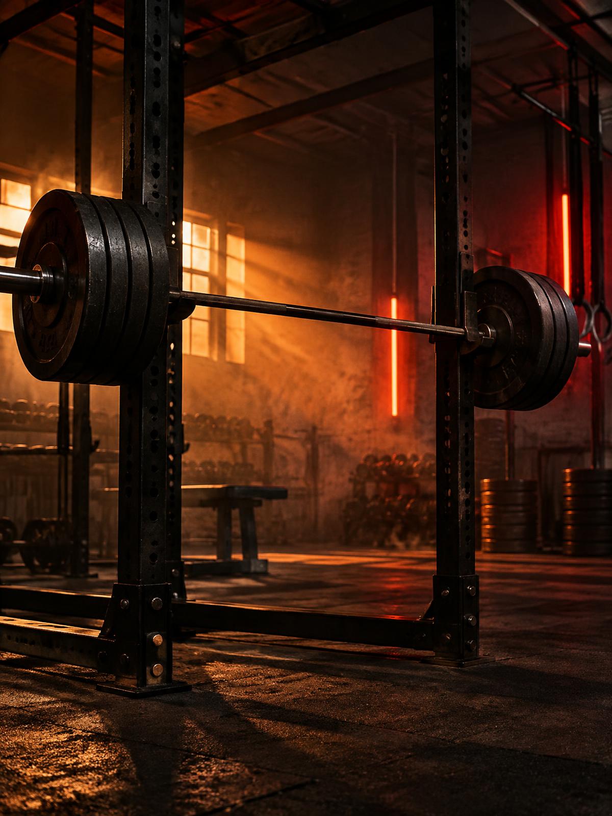 Loaded barbell in a dark gym lit with warm light